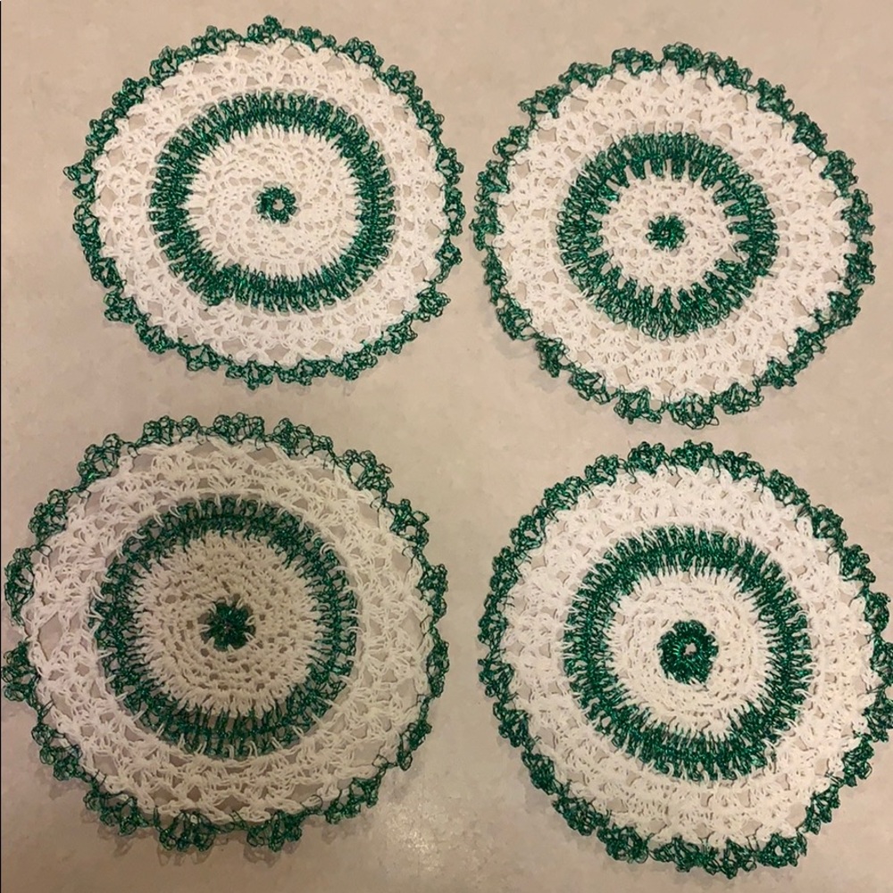4 Round crocheted doilies green metallic and white Handmade
